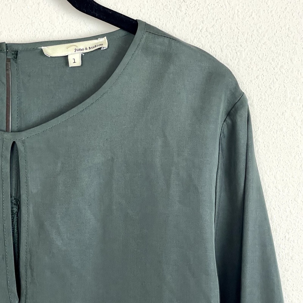 June & Hudson Tencel Keyhole Top Women's Sz 1 Green Long Sleeve Flowy Blouse* - Picture 3 of 6
